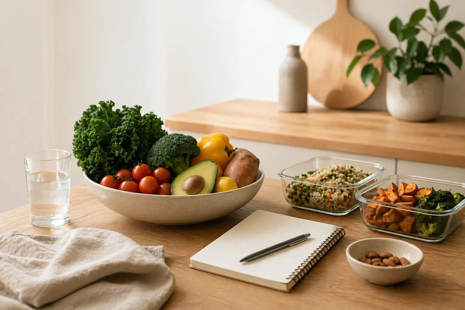 Fresh produce, meal prep containers, water, and a notebook arranged on a warm kitchen counter.