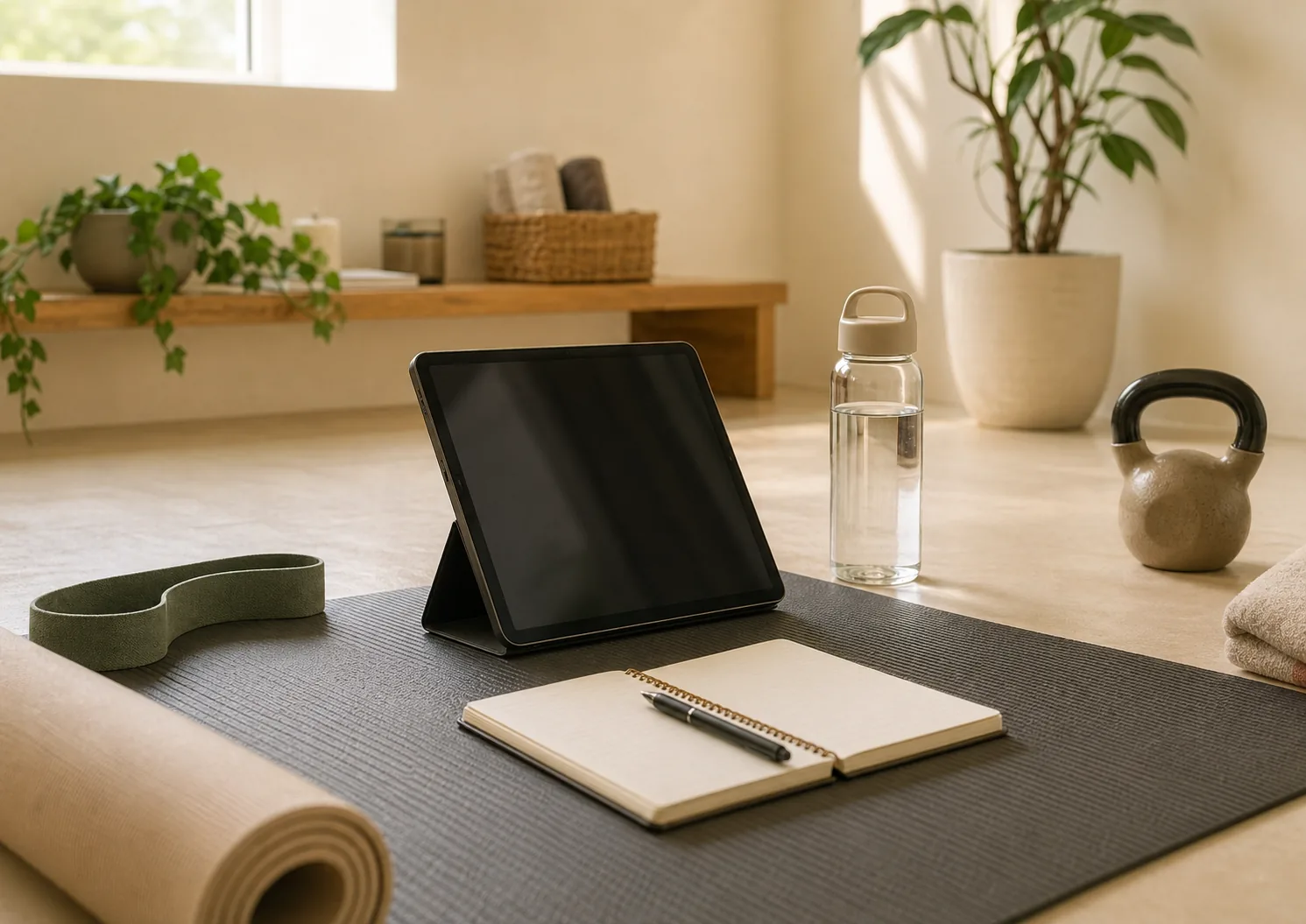 Online coaching setup with a tablet, notebook, water bottle, mat, and studio equipment in warm natural light.