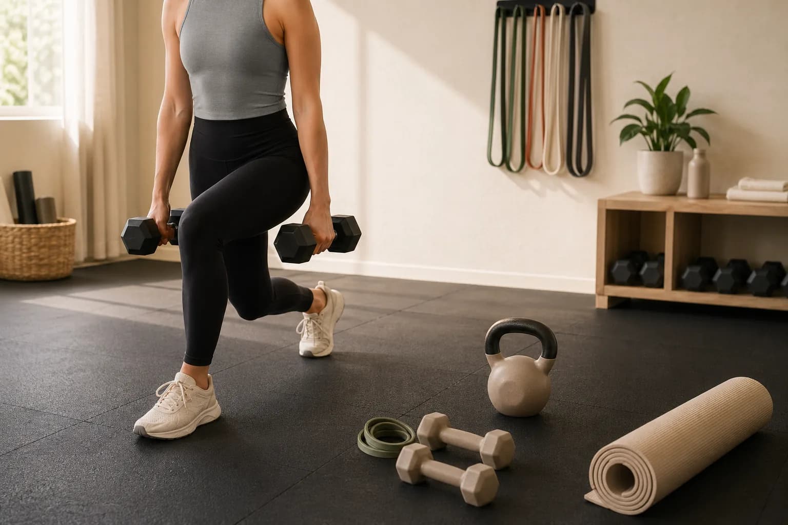 Strength training setup with studio equipment arranged in warm natural light.